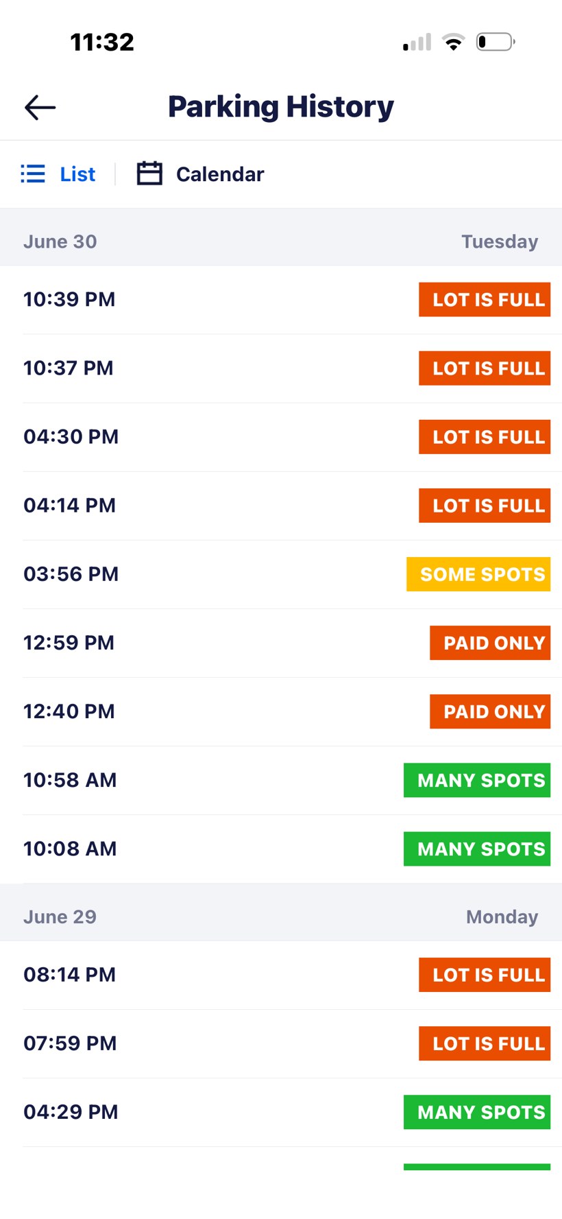 Trucker Path parking history for Tuesday June 30 climbing from Many Spots through Paid Only to Lot Is Full