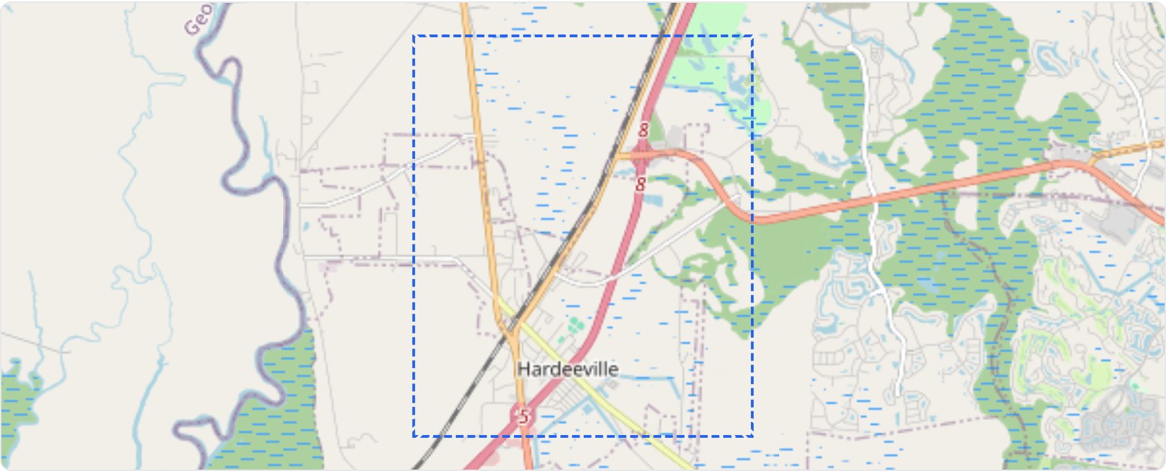 I-95 frontage at the US-278 (Independence Blvd) interchange, Hardeeville, SC (Jasper County); iVerify screening area outlined, Savannah to the south